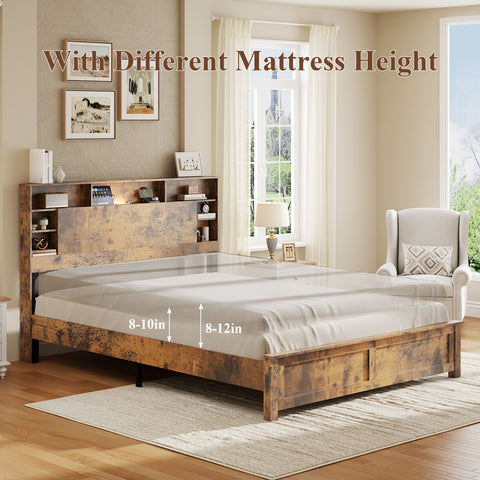 Queen Bed Frame with Bookcase Headboard, Dark Brown, view 7