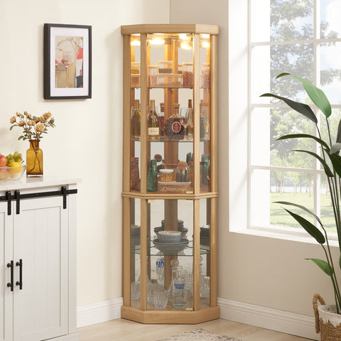 Lighted Corner Curio Cabinet with Glass Doors and Mirrored Back, Light Oak