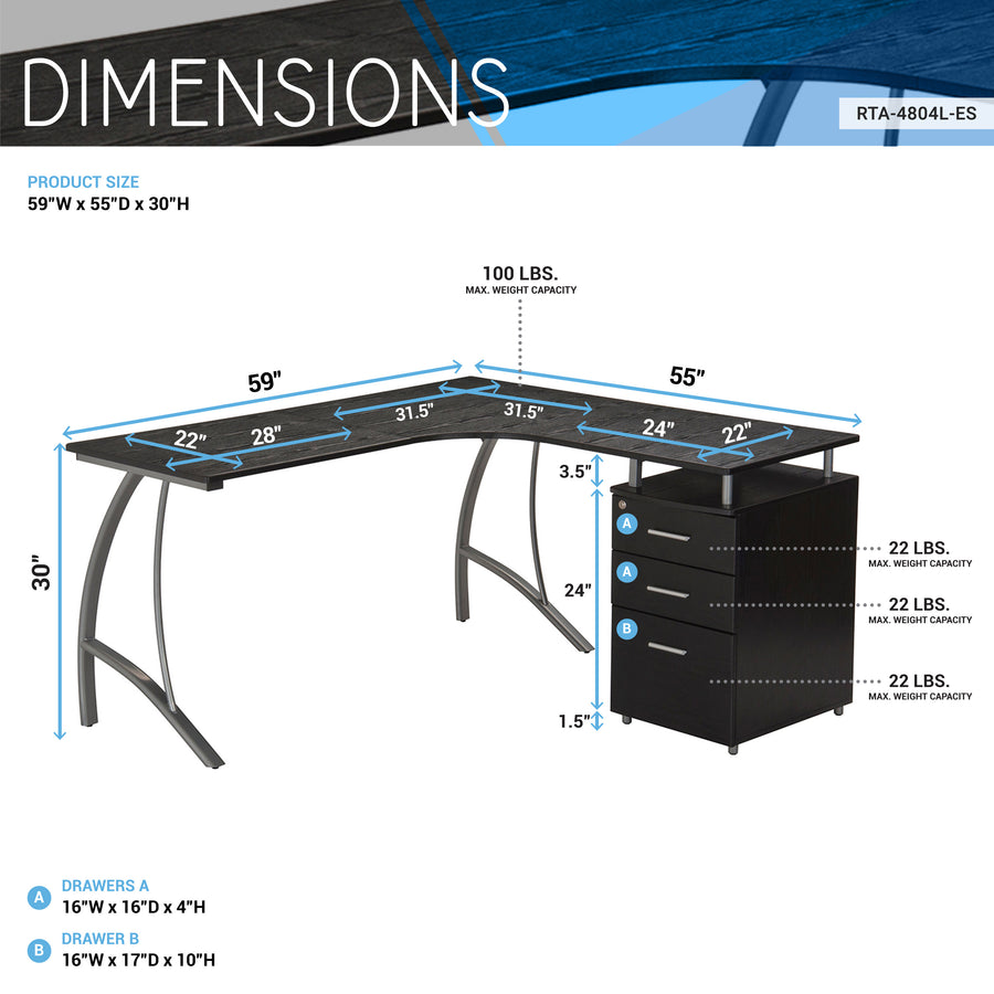 59" Espresso L-Shaped Desk with File Cabinet - product image 4
