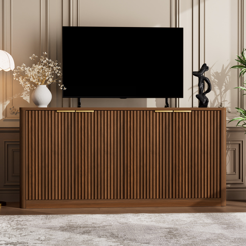 Wavy Sideboard Buffet Cabinet, 59" Curved 4-Door Storage Cabinet or TV Stand, Walnut