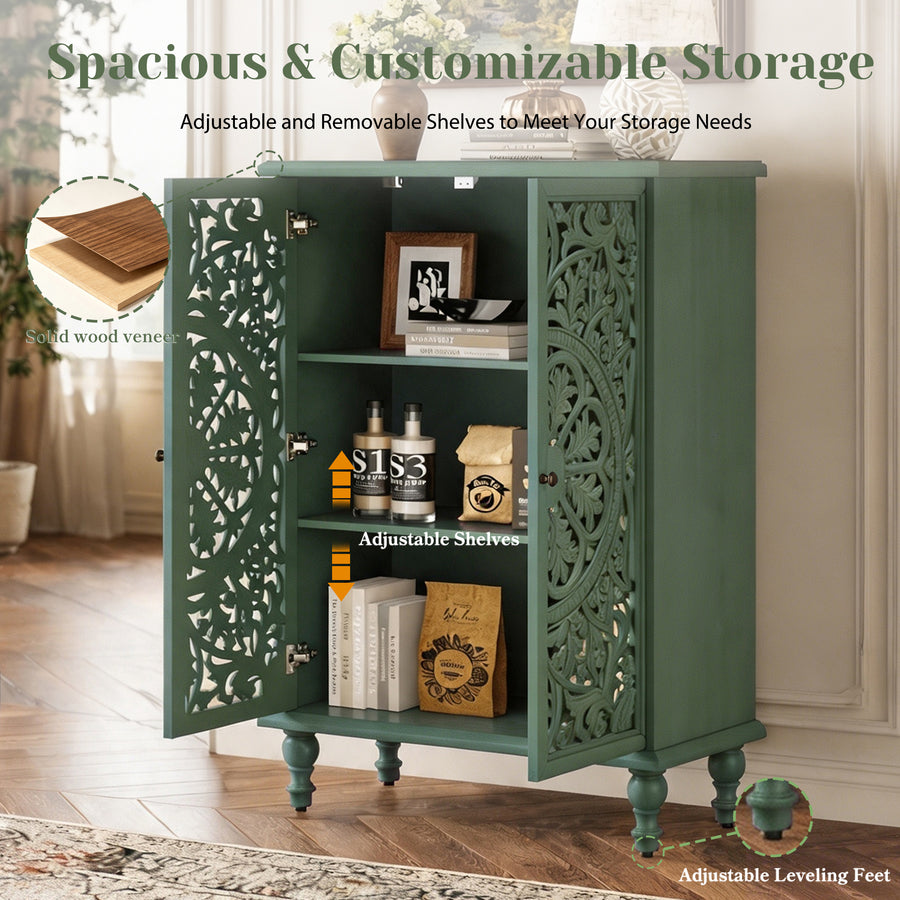Farmhouse Accent Cabinet with Carved Hollow Doors and Turned Legs, Antique Green, view 7
