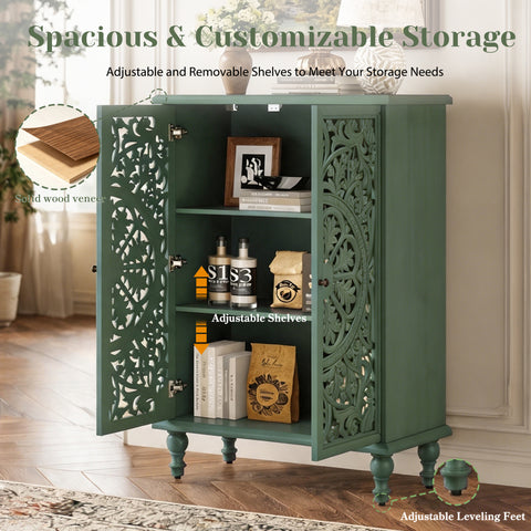 Farmhouse Accent Cabinet with Carved Hollow Doors and Turned Legs, Antique Green, view 7