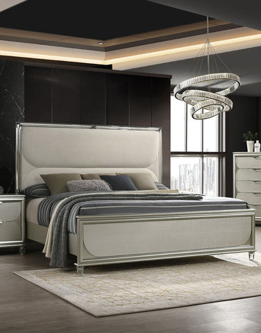 Glam Upholstered Queen Bed with LED Acrylic Headboard and Mirrored Embossed Panels, Silver, view 2