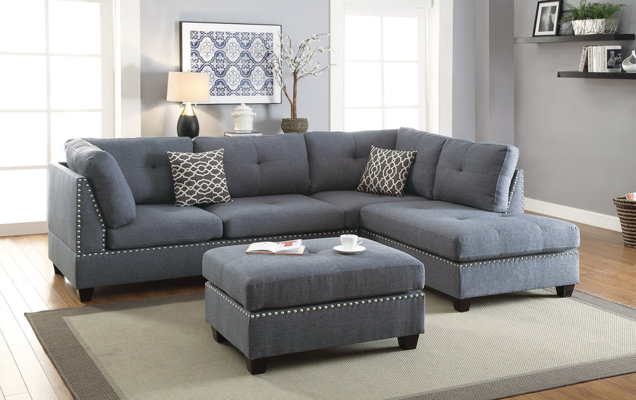 3-Piece Sectional Sofa – Blue Grey Polyfiber Cushions with Chaise & Ottoman