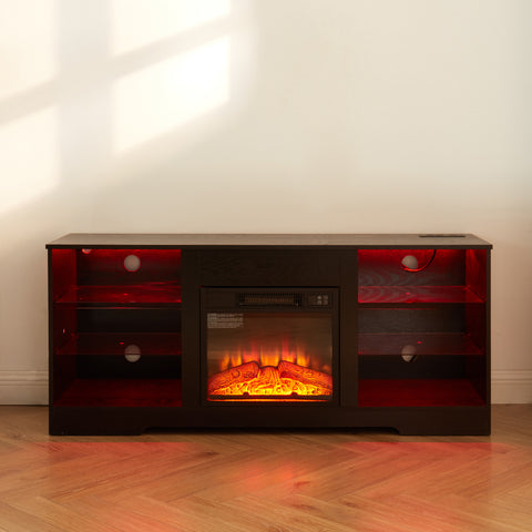 Electric Fireplace TV Stand with LED Lights and Glass Shelves, Black, view 16
