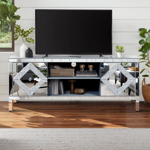Mirrored TV Stand for TVs Up to 65", 59" Silver Media Console with Diamond Inlay Doors and Open Shelves
