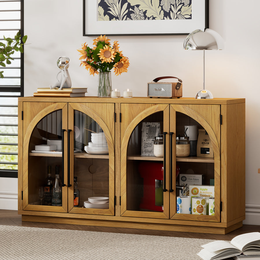 1PC TREXM Natural Wood Sideboard - 4 Glass Doors + Arched + Adjustable Shelves