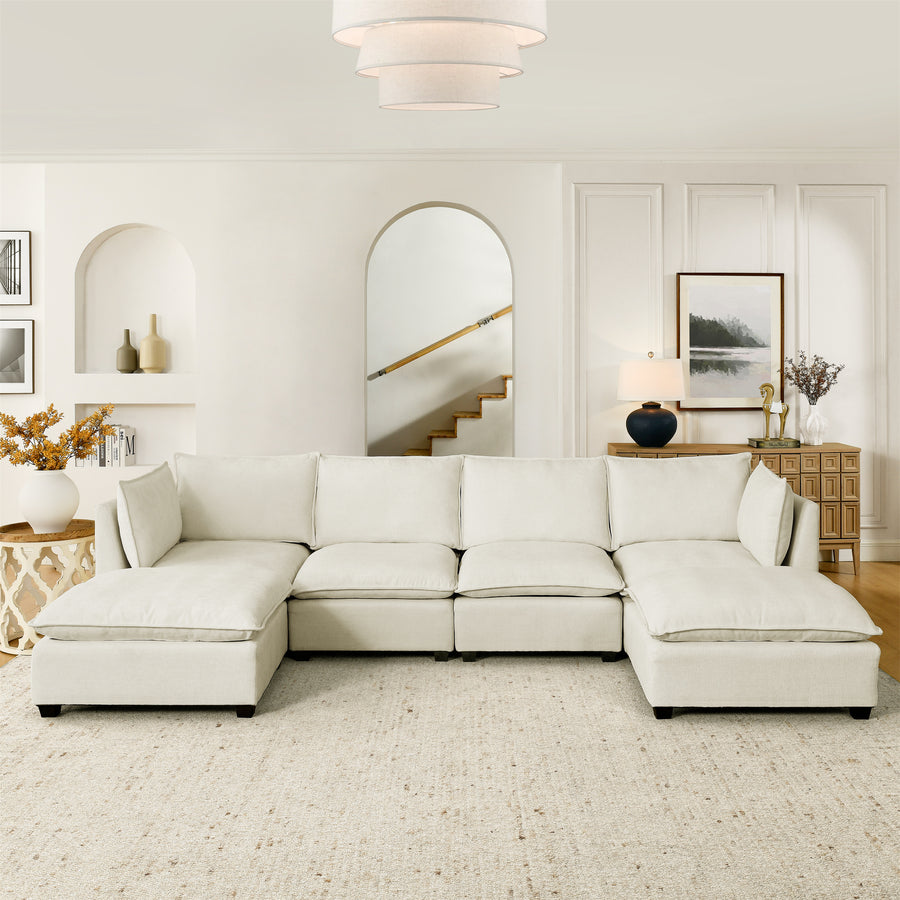 Comfy Cloud 4-Seater Sectional Sofa – Chenille Sleeper with 2 Ottomans, Deep Seats, Beige White