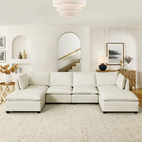 Comfy Cloud 4-Seater Sectional Sofa – Chenille Sleeper with 2 Ottomans, Deep Seats, Beige White