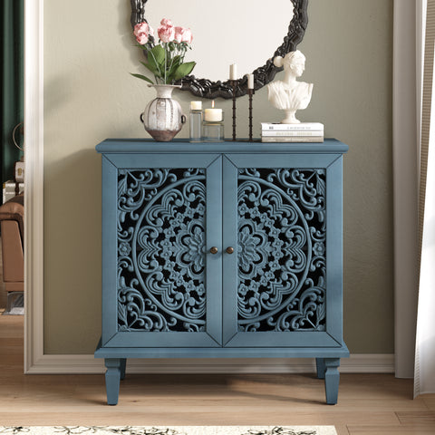 Vintage Accent Cabinet with Carved Floral Doors and Solid Wood Legs, Antique Blue, view 3