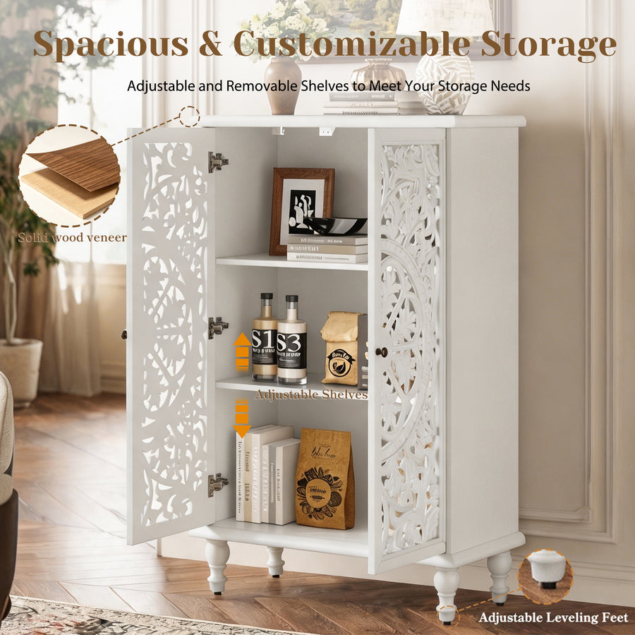 Farmhouse Accent Cabinet with Carved Hollow Doors and Turned Legs, Antique White, view 7