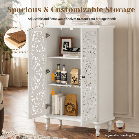 Farmhouse Accent Cabinet with Carved Hollow Doors and Turned Legs, Antique White, view 7