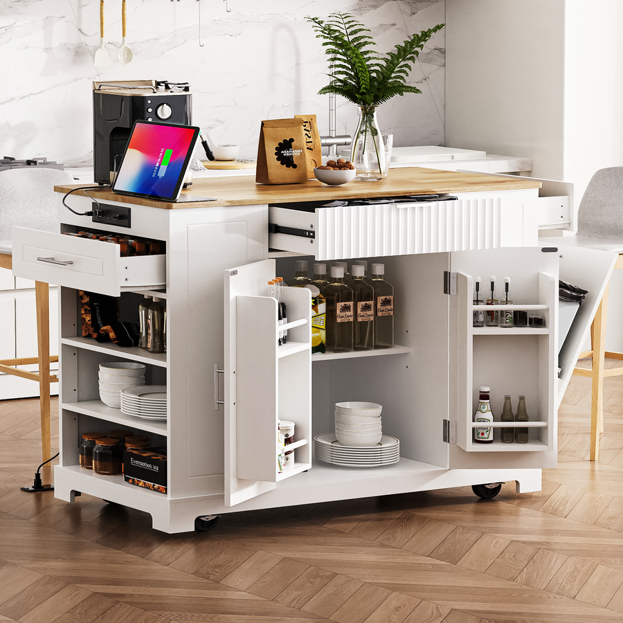 Fluted Kitchen Island with Trash Can Storage, Power Outlet, 3 Drawers, Open Racks & Internal Shelf – Rolling Cart for 10-Gallon Bin, White