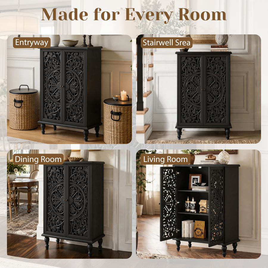 Farmhouse Accent Cabinet with Carved Hollow Doors and Turned Legs, Black, view 9