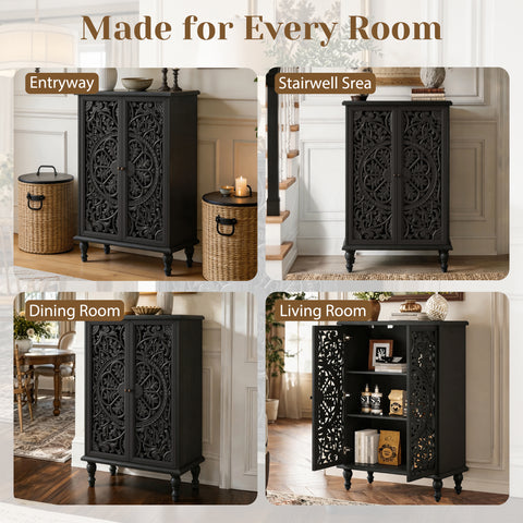 Farmhouse Accent Cabinet with Carved Hollow Doors and Turned Legs, Black, view 9