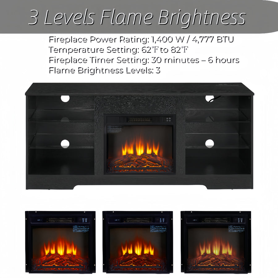 Electric Fireplace TV Stand with LED Lights and Glass Shelves, Black, view 7