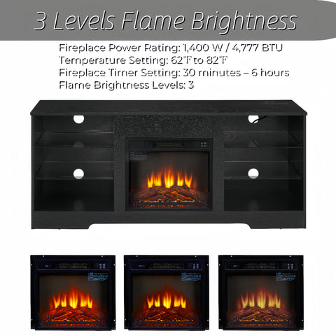 Electric Fireplace TV Stand with LED Lights and Glass Shelves, Black, view 7