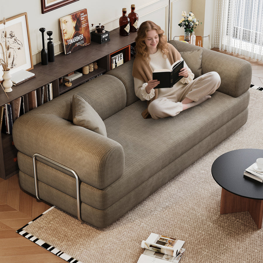 78.8' Camel Corduroy Compression Sofa | Convertible Futon Loveseat Sleeper