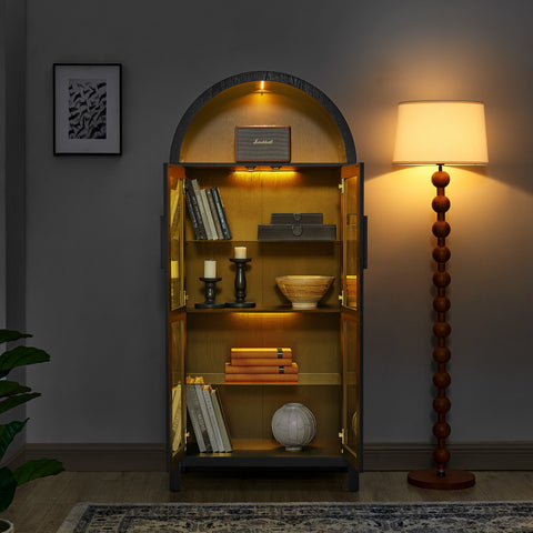 Arched Display Cabinet with Built-In Light and Adjustable Glass Shelves, Black, view 2