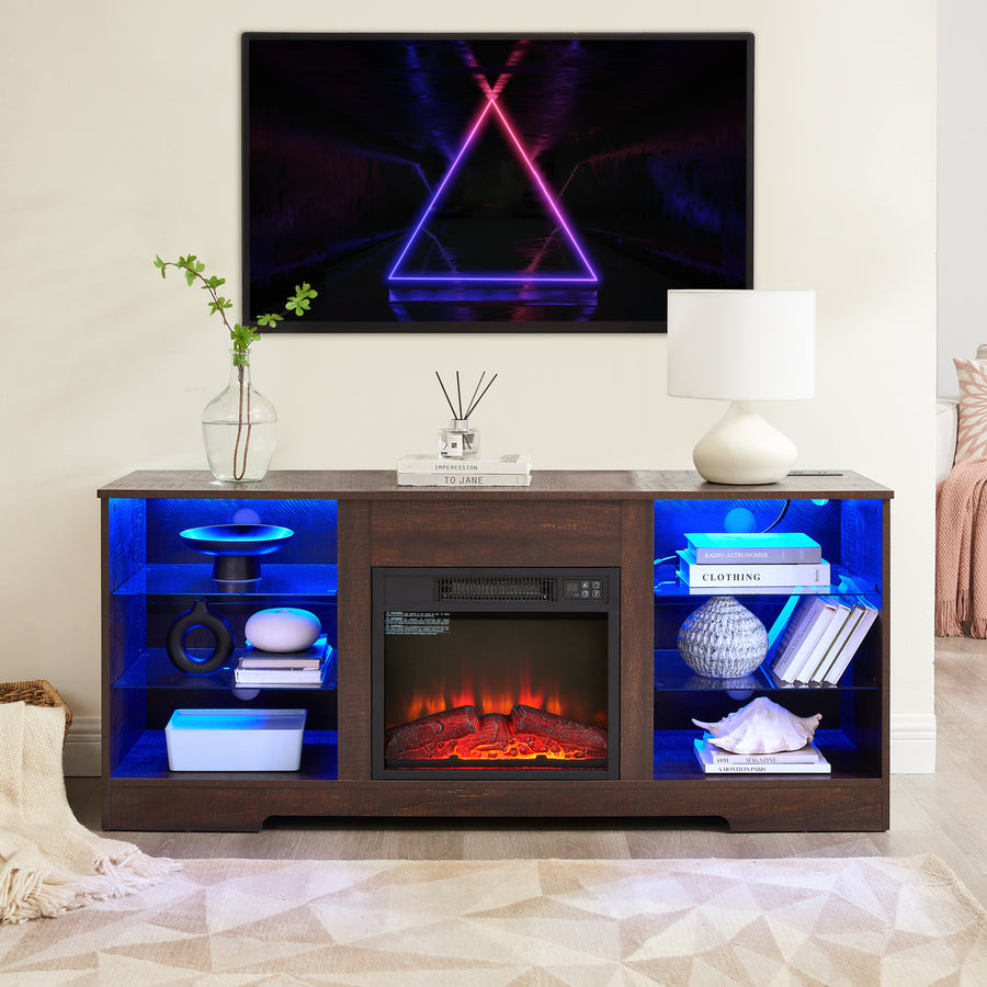 Electric Fireplace TV Stand with LED Lights and Glass Shelves, Espresso, view 2