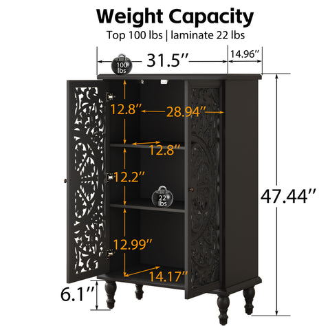 Farmhouse Accent Cabinet with Carved Hollow Doors and Turned Legs, Black, view 10