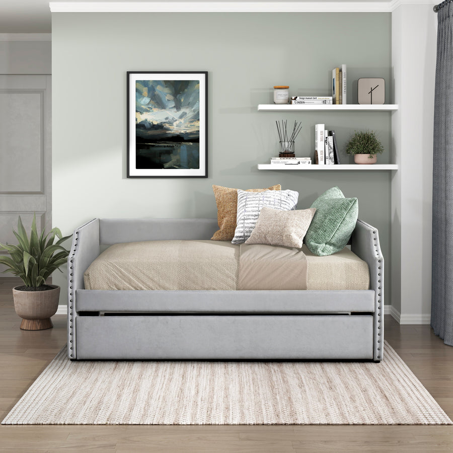 Light Gray Textured Fabric Daybed | Trundle Upholstered Wooden Daybed-in-a-Box