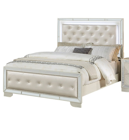 Tufted Faux Leather Queen Bed with LED Lights and Mirror Trim, Cream, view 2