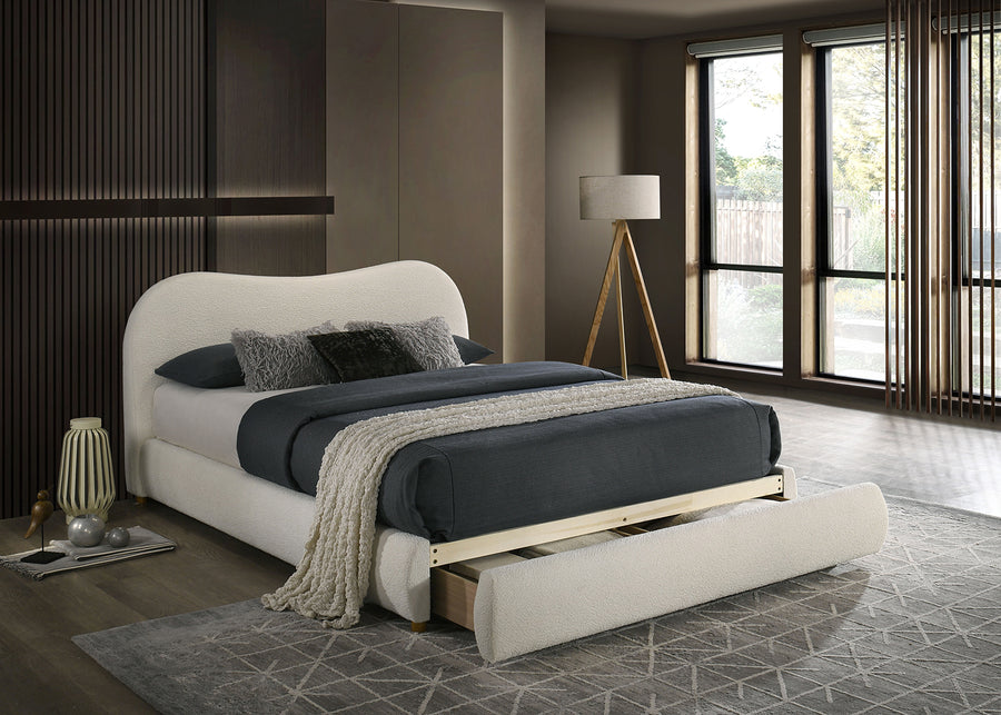 Boucle Upholstered Queen Bed with Curved Headboard and Footboard Storage Drawer, White, view 4