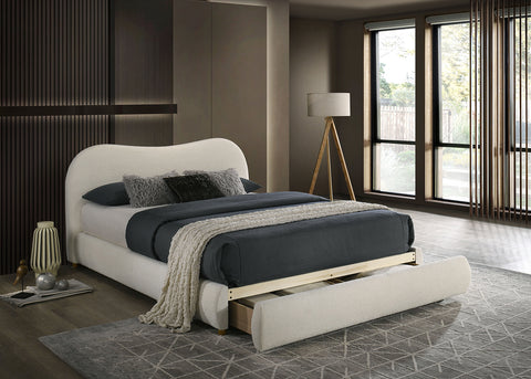 Boucle Upholstered Queen Bed with Curved Headboard and Footboard Storage Drawer, White, view 4