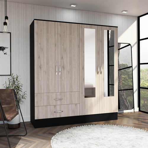 Mirrored Armoire with 2 Double-Door Cabinets, Drawers and Hanging Rod - Black and Light Gray