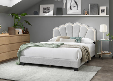 Queen Upholstered Platform Bed with Floral Headboard and Built-In LED, White, view 4