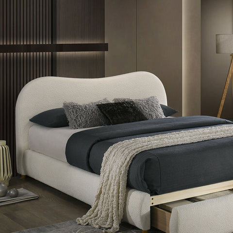 Boucle Upholstered Queen Bed with Curved Headboard and Footboard Storage Drawer, White, view 6