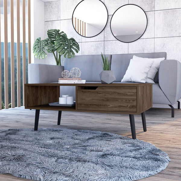 Coffee Table with Drawer and Open Shelf, 39.6" Wide Engineered Wood Living Room Table, Brown