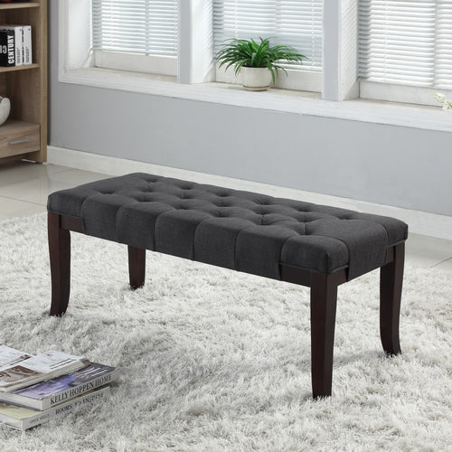 Tufted Ottoman Bench with Tapered Espresso Legs, 44" Gray Fabric