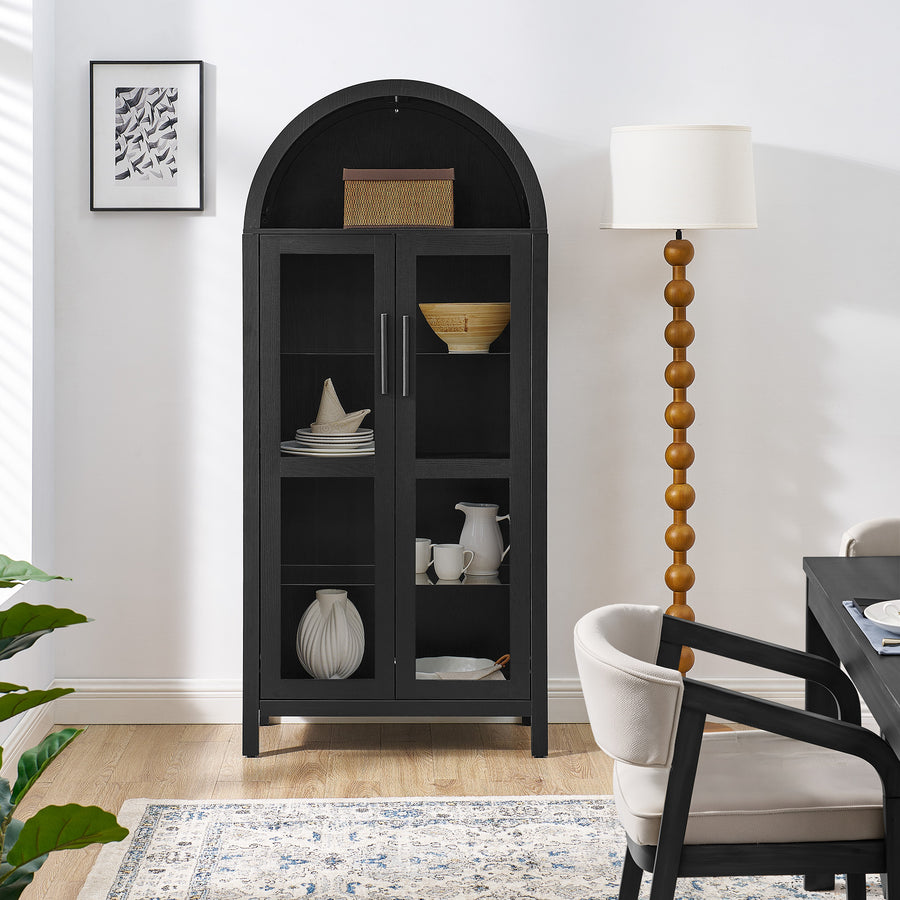 Arched Display Cabinet with Built-In Light and Adjustable Glass Shelves, Black, view 5