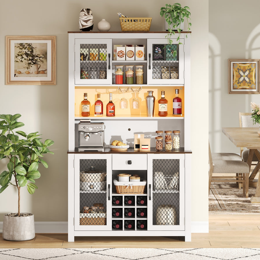 1PC 70.9' White Rustic Kitchen Pantry - LED Outlets + Wine Rack + Adjustable Shelves