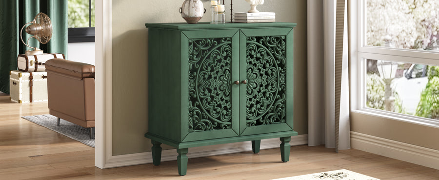 Vintage Accent Cabinet with Carved Floral Doors and Solid Wood Legs, Antique Green, view 12