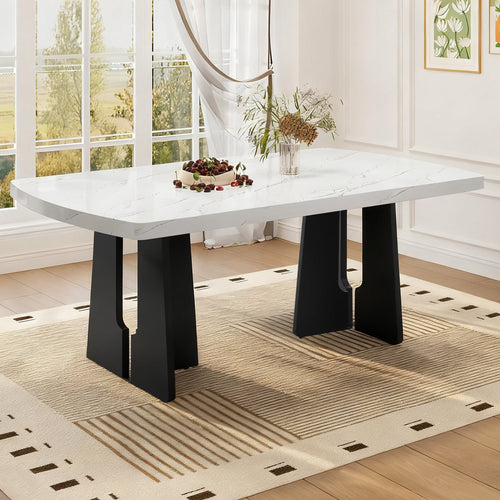 Faux Marble Dining Table with Geometric Trestle Base, 63" Rectangular, White and Black