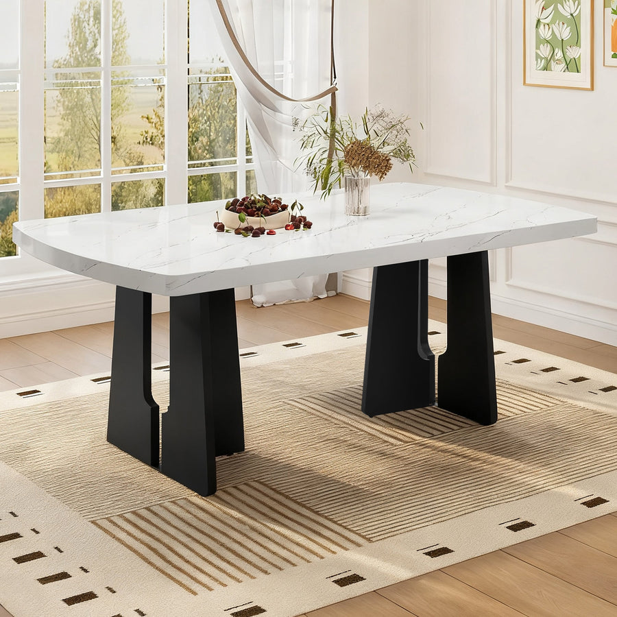 63 Inch Modern Faux Marble Dining Table with Geometric Base