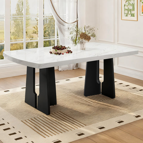 63 Inch Modern Faux Marble Dining Table with Geometric Base