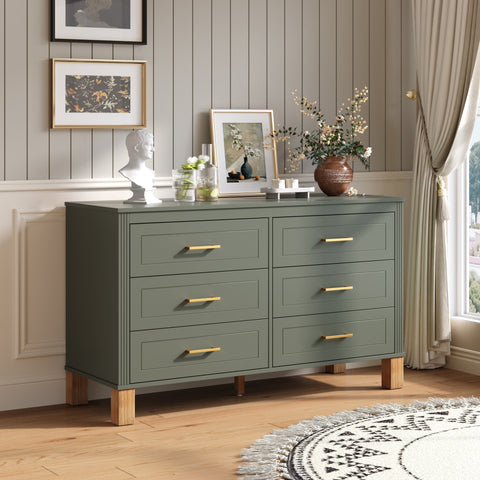 Mid-Century 6-Drawer Double Dresser with Metal Handles and Solid Wood Legs, Olive, view 3