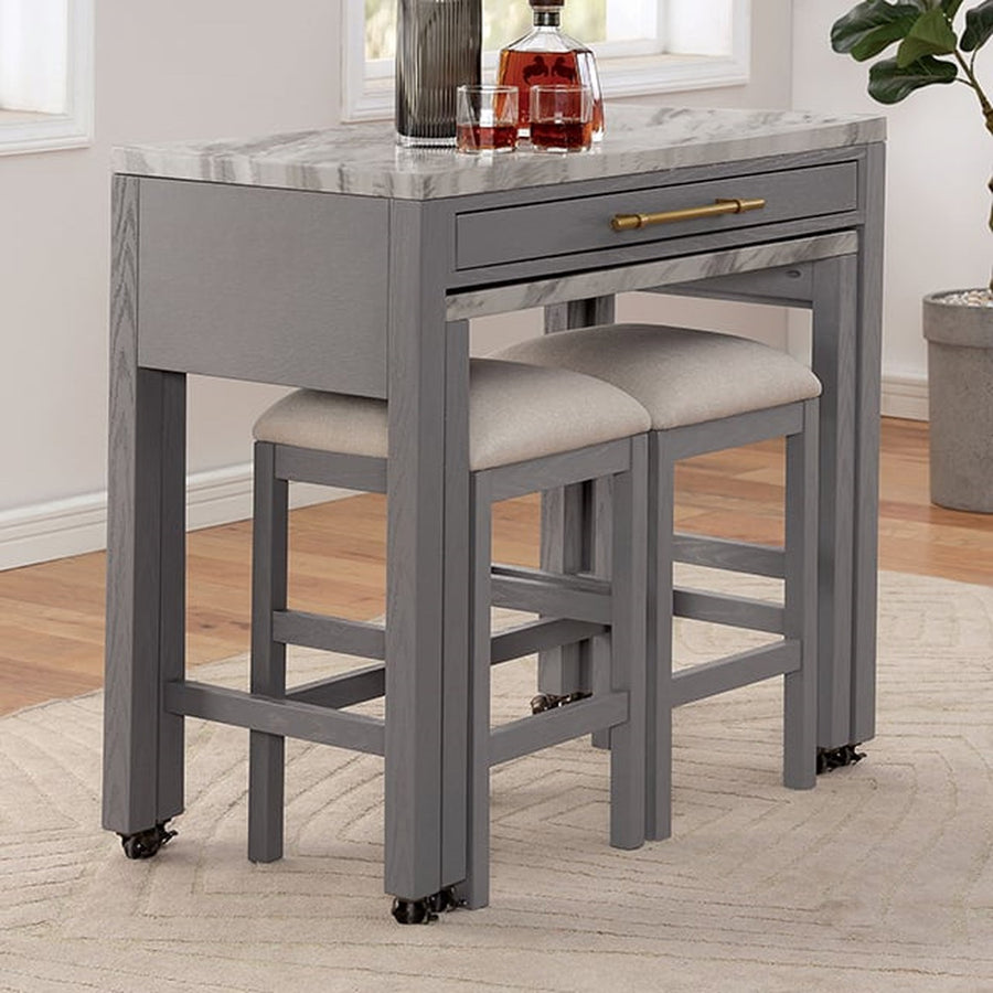 Round Counter Height Dining Table with Built-in Leaf & Shelf - 1pc Solid Wood Gray Finish