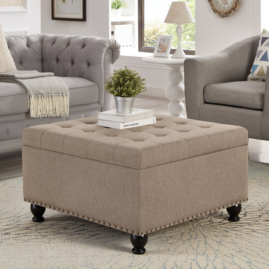 Linen Button Tufted Storage Ottoman - Wooden Legs with Nail Trims