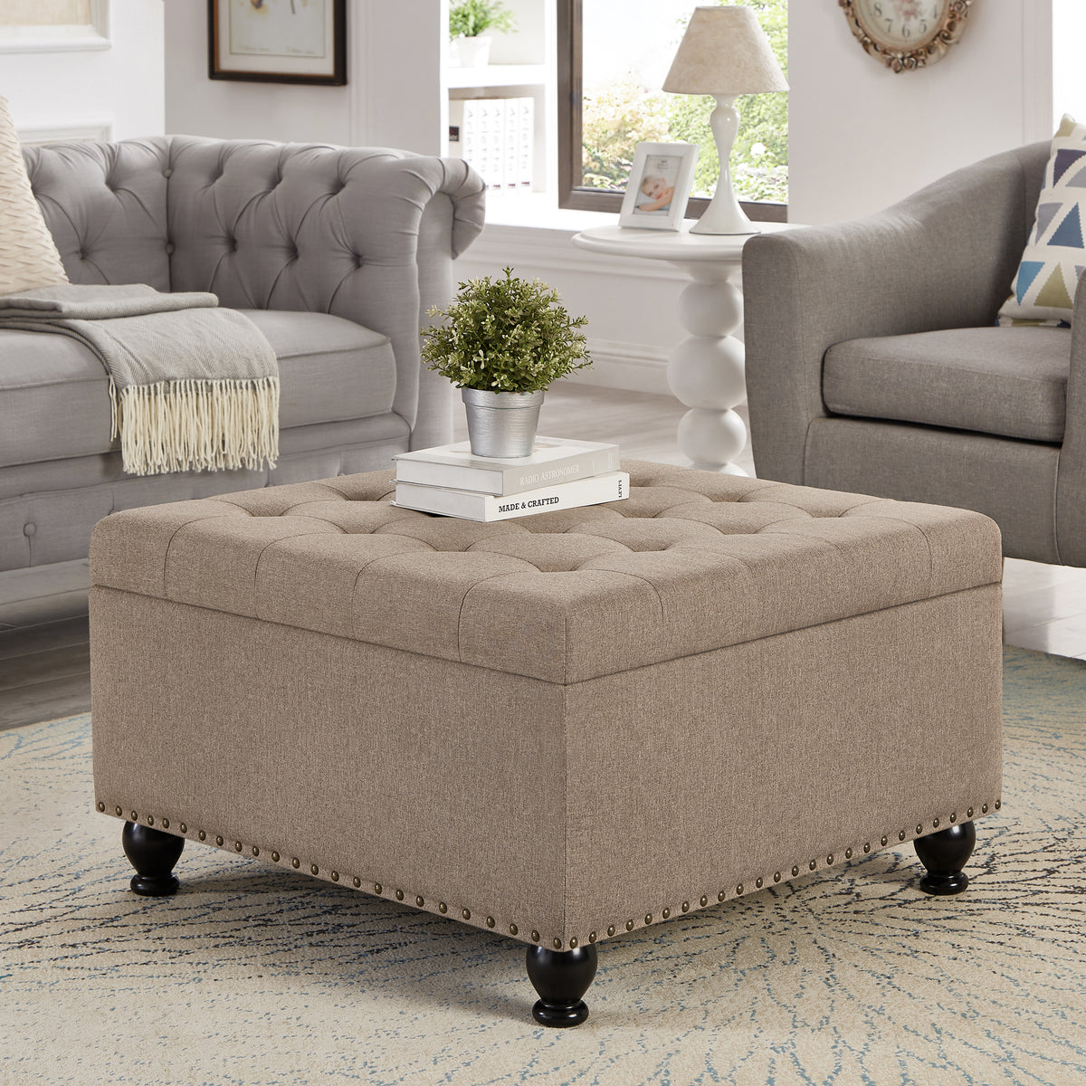 Linen Button Tufted Storage Ottoman - Wooden Legs with Nail Trims