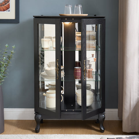 Lighted Curio Cabinet with Tempered Glass Doors and Mirrored Back, Black, view 7
