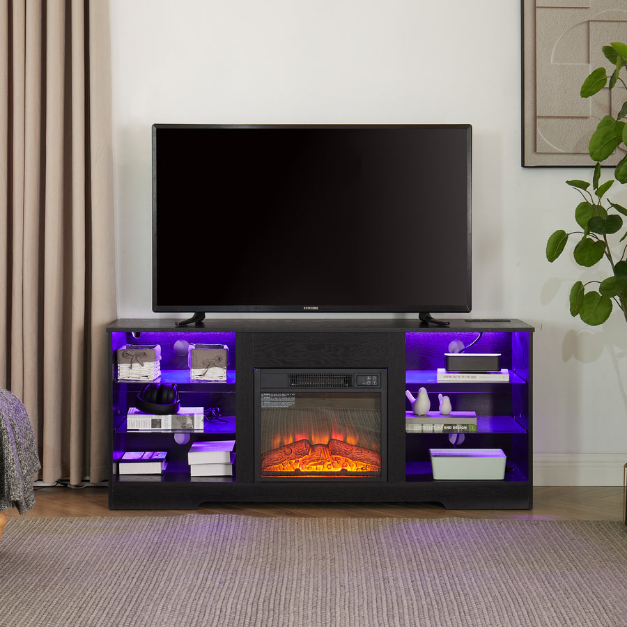 Electric Fireplace TV Stand with LED Lights and Glass Shelves, Black, view 11