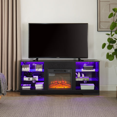 Electric Fireplace TV Stand with LED Lights and Glass Shelves, Black, view 11
