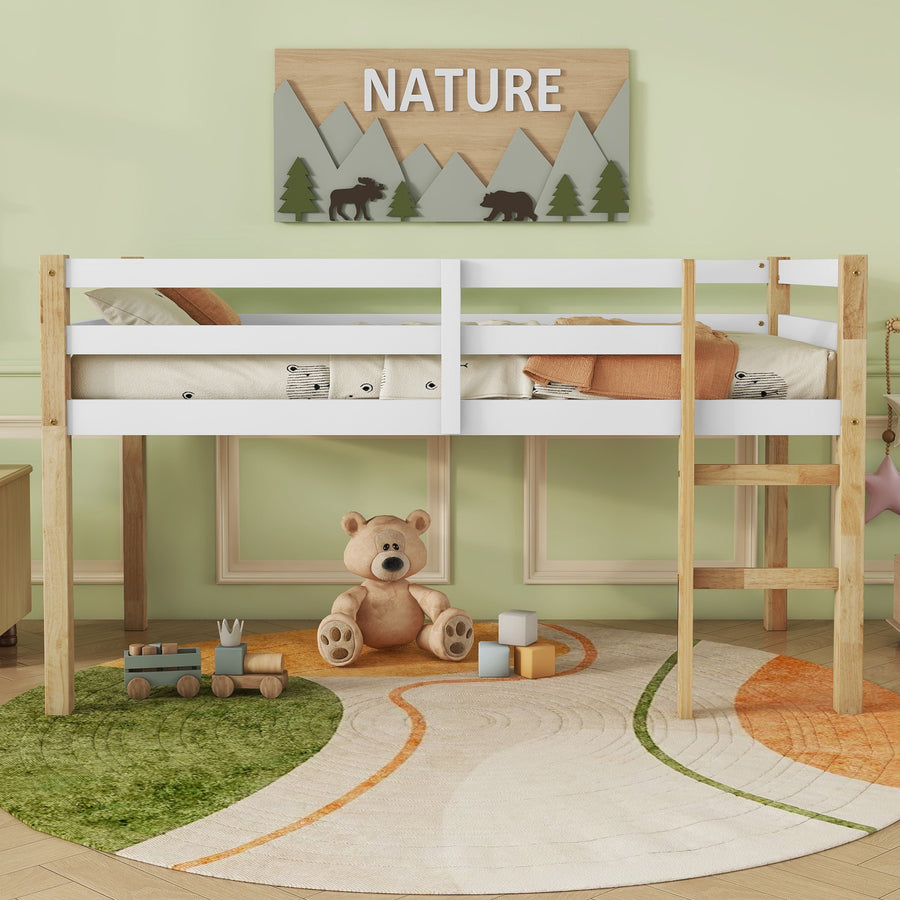 Solid & Rubber-Wood Twin Loft Bed with Ladder – Strengthened Slats, Natural White