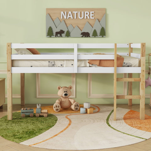 Solid & Rubber-Wood Twin Loft Bed with Ladder – Strengthened Slats, Natural White