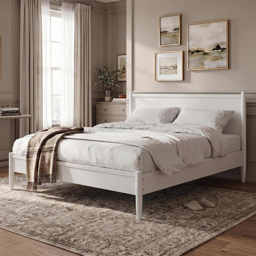 Mid-Century Modern Queen Platform Bed with Tapered Legs and Slats, White, view 6